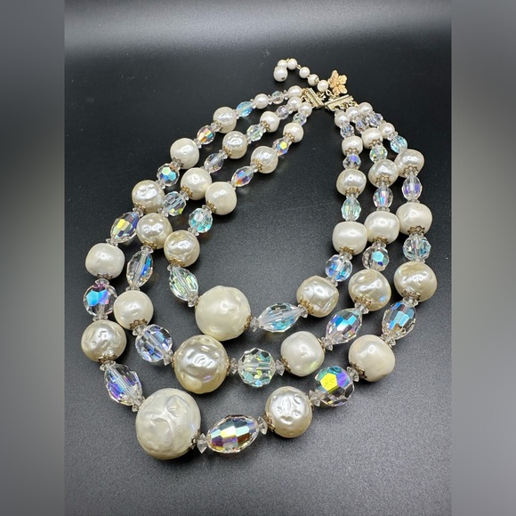 VENDOME Crystal & Faux Pearl Triple Strand Vintage Necklace
